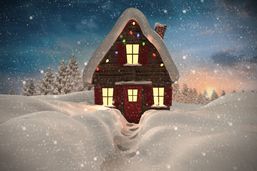 Composite image of christmas house against fir tree forest in snowy la